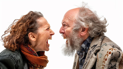 Mid aged couple yelling at each other isolated on white, studio shot, concept for marriage problem