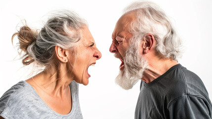 Mid aged couple yelling at each other isolated on white, studio shot, concept for marriage problem