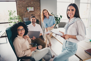 Sticker - Portrait of group professional corporate workers project discussion loft interior business center indoors