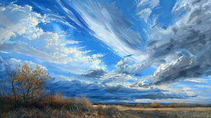 Poster - In the November afternoon the sky painted in shades of blue and adorned with wispy grey white clouds foretells the imminent arrival of rain as the wind picks up