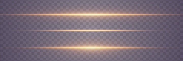 Wall Mural - Golden horizontal highlights. Laser beams of light. Glowing lines effect. On a transparent background.	