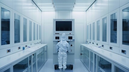 Leinwandbilder - A standing machine in the semiconductor industry in a clean room, view in front of the machine. Generative AI.