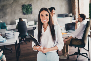 Canvas Print - Photo of attractive smiling female teamwork startup partners young people work together conference meeting nice comfortable light office