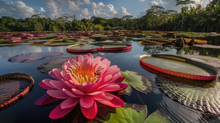 Sticker - In the Amazon rainforest of Brazil the stunning Victoria amazonica blooms a vibrant pink on its second day of flowering in the Nymphaeaceae family