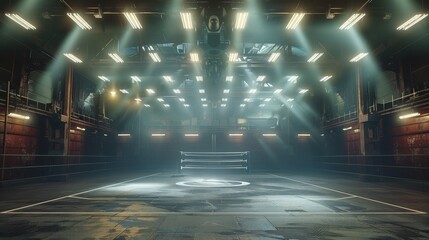 Aufkleber - Underground arena, with a wrestling ring in the middle and a lot of lighting production. Generative AI.