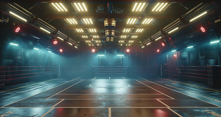 Aufkleber - Underground arena, with a wrestling ring in the middle and a lot of lighting production. Generative AI.