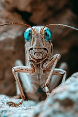 Macro shot of a white and blue-eyed cricket on a rock. Blue eyes, hairy body. Light gray rock with small pebbles. Wildlife insect closeup detail unique rare endangered vulnerable habitat outdoo