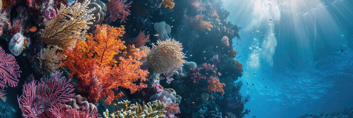 Wall Mural - An underwater view showcasing a vibrant and diverse coral reef teeming with colorful marine life