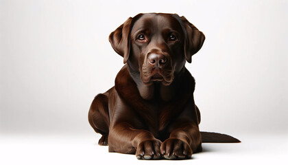 Wall Mural - A Chocolate Labrador lying down against a plain white background. The dog is shown in a relaxed position