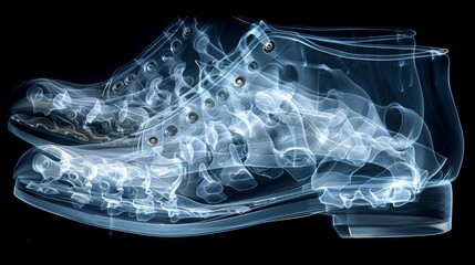 Sticker - X-ray scan of a pair of shoes, highlighting the soles and inner support.