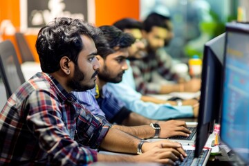 A group of Indian men sitting in front of a laptop computer, working together on software development, A group of Indian men collaborating on a software development project