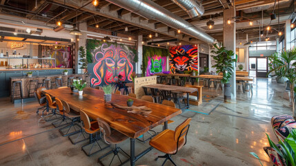 A large room with several tables and chairs set up, with a colorful mural adorning one of the walls