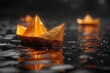© Larisa AI - A paper boat with golden autumn leaves is captured in a serene moment on the water surface amidst a gentle rain, signifying change and transition