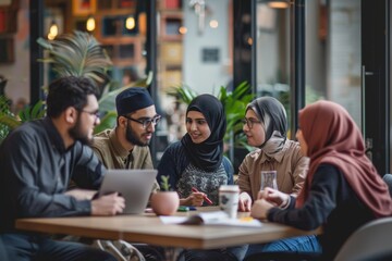 Poster - Group of People Collaborating Around Wooden Table, A group of Muslim entrepreneurs collaborating on a groundbreaking project, using their diverse backgrounds and expertise to achieve success