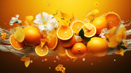 generated illustration of oranges slices and  flowers captured in a refreshing splash of water