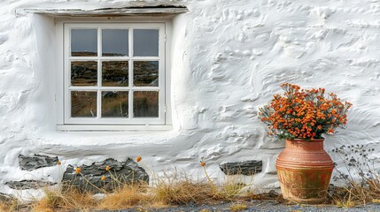 Canvas Print -   A potted plant sits beside a window on a white building with a transparent pane