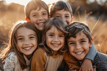 Wall Mural - A group of young children, likely siblings, standing in a row for a family portrait, A group of siblings posing for a family portrait with big smiles