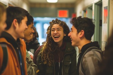 Sticker - Young students standing, laughing, and chatting with each other in a social gathering, A group of students laughing and chatting in the hallway