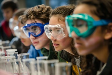 Sticker - Students in lab coats and safety goggles conducting experiments in a laboratory setting, A group of students participating in a science experiment, wearing safety goggles and gloves