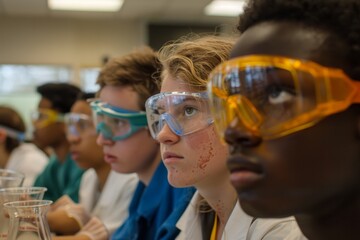 Poster - Multiple individuals wearing protective goggles and safety glasses, A group of students participating in a science experiment, wearing safety goggles and gloves