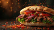 Shawarma. Fresh Meat Prepared Shawarma Pita with vibrant vegetable fillings is served in soft pita bread, of spices on rustic wooden background, suggesting a sizzling, fresh-off-the-grill serving.