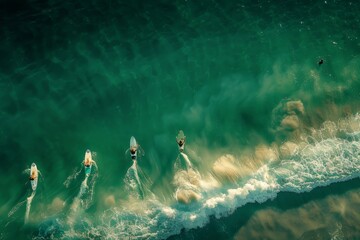 Canvas Print - A group of surfers riding surfboards on top of the water in the sea, A group of surfers paddling out to sea