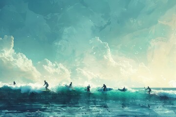 Canvas Print - A group of people riding surfboards on the crest of a wave as they paddle out to sea, A group of surfers paddling out to sea