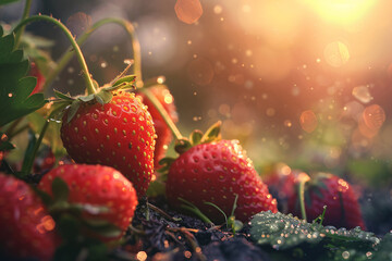 Poster - close up of strawberries growing in the garden, sunset view