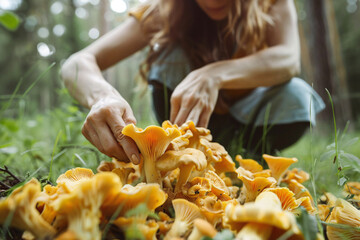 woman picking chanterelles mushrooms in the forest