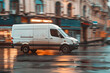 Side view of modern delivery van driving on the city with copy space