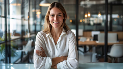 Wall Mural - business woman leaning on her desk happy at her workplace