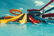 Colorful modern slides in the water park with copy space on water