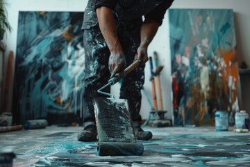 Wall Mural - A man is carefully painting a picture with a paintbrush, focused on creating his artwork, A handyman painting a room with a roller brush