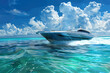 Modern white fast boat in the tropical blue sea with copy space