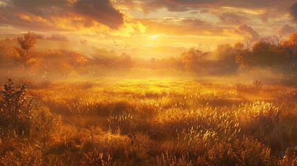 Wall Mural - experience the fresh start of a new day behold the mesmerizing sunrise over a golden meadow in autum