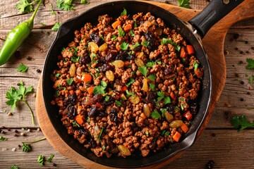 Savory Picadillo Dish with Ground Beef, Vegetables, Raisins, and Spices in Frying Pan. Top View