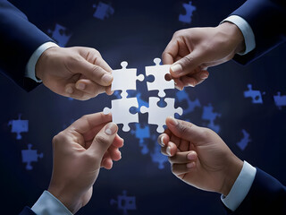 Close-up of hands holding puzzle pieces, cooperation, mutual aid, strategy, 3d render