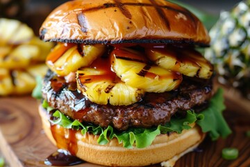 Poster - A freshly made cheeseburger with pineapples and onions arranged on a wooden cutting board, A Hawaiian-inspired cheeseburger topped with grilled pineapple, teriyaki sauce, and Swiss cheese