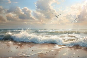 Poster - Numerous birds soar above the vast ocean, with crashing waves below on a hazy summer day, A hazy summer beach scene with crashing waves and seagulls flying overhead