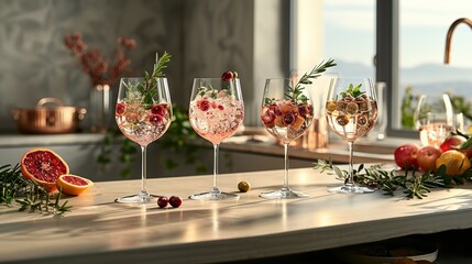 Sticker -   A collection of wine glasses resting atop a kitchen counter alongside grapefruits and one grapefruit