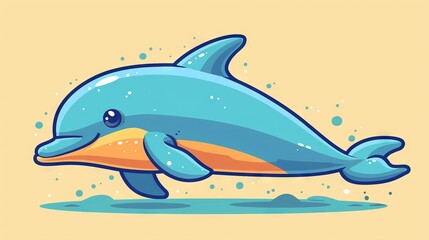 Sticker -   A cartoon dolphin jumps out of water, bubbles trailing behind its legs, grinning on its face