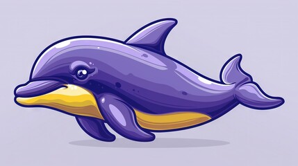 Wall Mural -   A purple dolphin with a yellow and black nose is floating in the air, mouth wide open