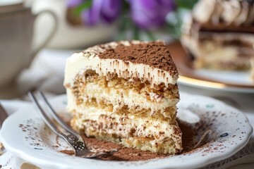 A slice of tiramisu cake resting on a plate with a fork beside it, A heavenly slice of light and airy tiramisu cake