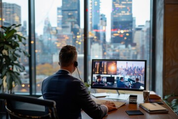 Sticker - A high-powered CEO is seated at a desk in front of a computer, engaged in a video call discussing company matters, A high-powered CEO on a video call discussing company growth