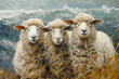 A painting depicting three sheep standing closely next to each other