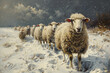 A group of sheep moving through a field covered in snow