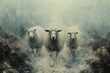 A painting of three sheep peacefully grazing in a misty field