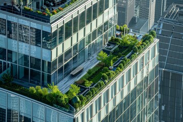 Poster - A highrise office building featuring a green roof as seen from above, A high-rise office building with a series of terraces and green roofs for employees to enjoy