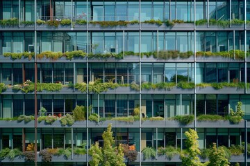 Poster - A very tall office building with numerous windows, reaching into the sky, A high-rise office building with a series of terraces and green roofs for employees to enjoy