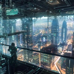 Sticker - A bustling futuristic cityscape filled with towering skyscrapers and advanced architecture, A high-tech command center overseeing the intricate networks of a modern metropolis